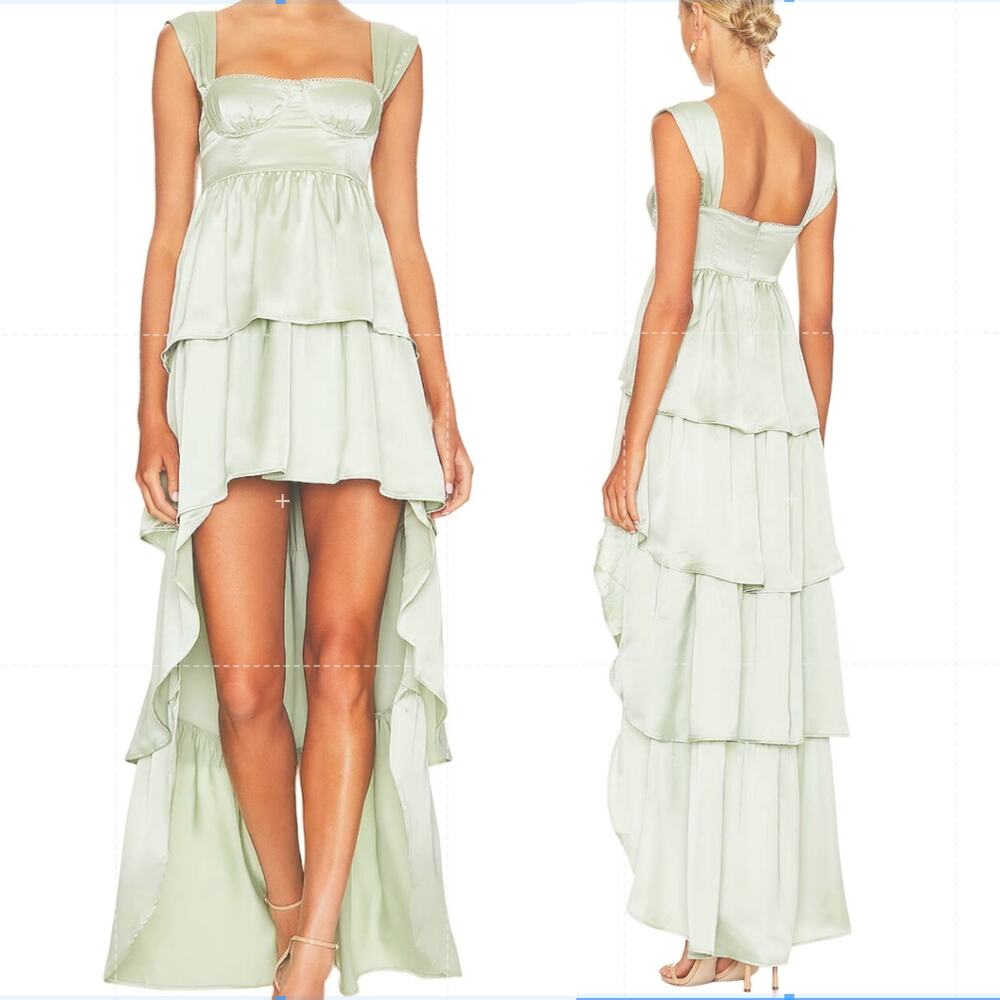 NWT WEWOREWHAT Hi-Low Tiered Ruffled Hem Corset Green Satin Maxi Party Dress 00